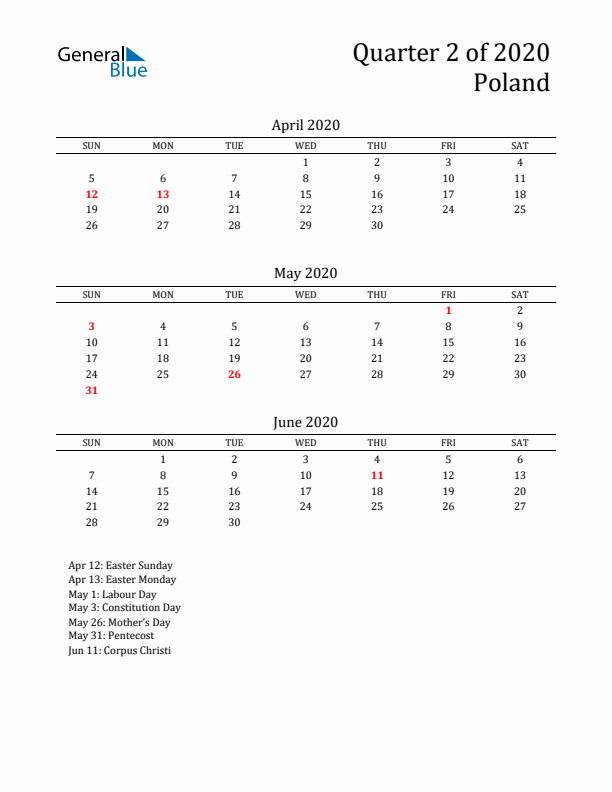 Quarter 2 2020 Poland Quarterly Calendar