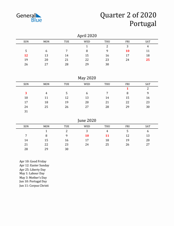 Quarter 2 2020 Portugal Quarterly Calendar