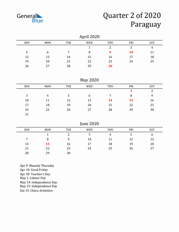 Quarter 2 2020 Paraguay Quarterly Calendar