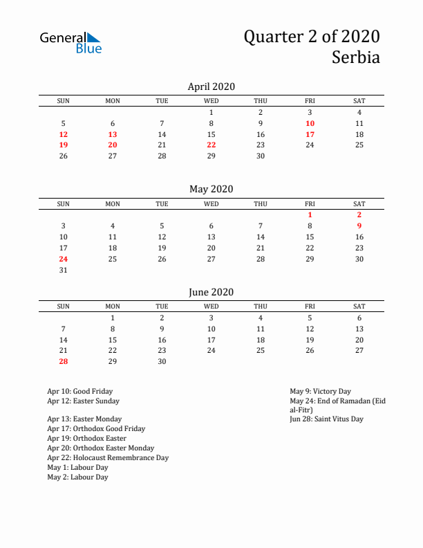 Quarter 2 2020 Serbia Quarterly Calendar