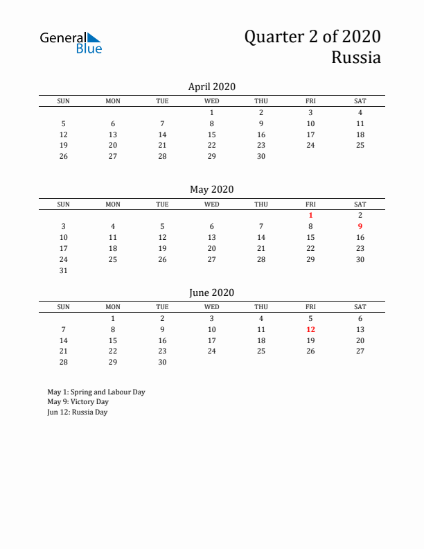 Quarter 2 2020 Russia Quarterly Calendar