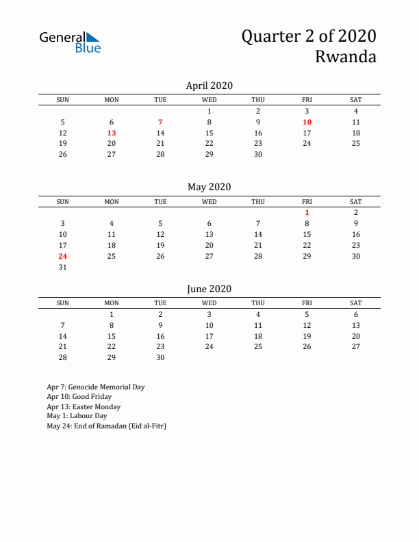 Quarter 2 2020 Rwanda Quarterly Calendar