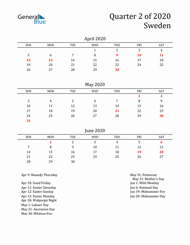 Quarter 2 2020 Sweden Quarterly Calendar