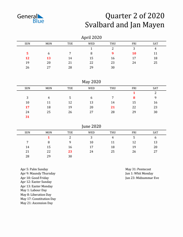 Quarter 2 2020 Svalbard and Jan Mayen Quarterly Calendar