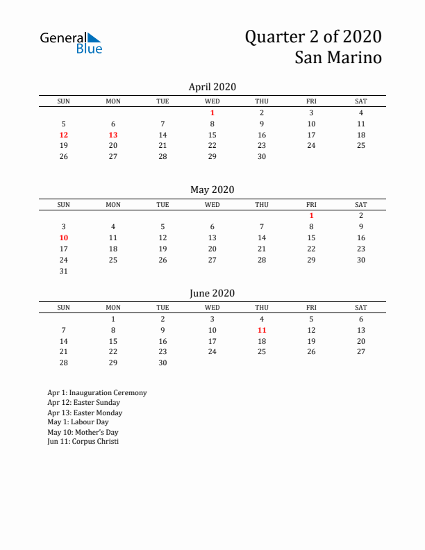 Quarter 2 2020 San Marino Quarterly Calendar