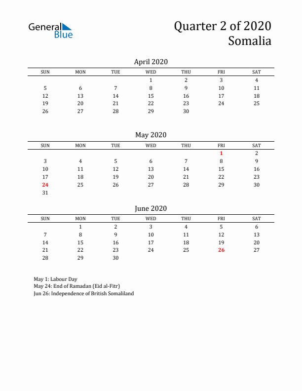 Quarter 2 2020 Somalia Quarterly Calendar