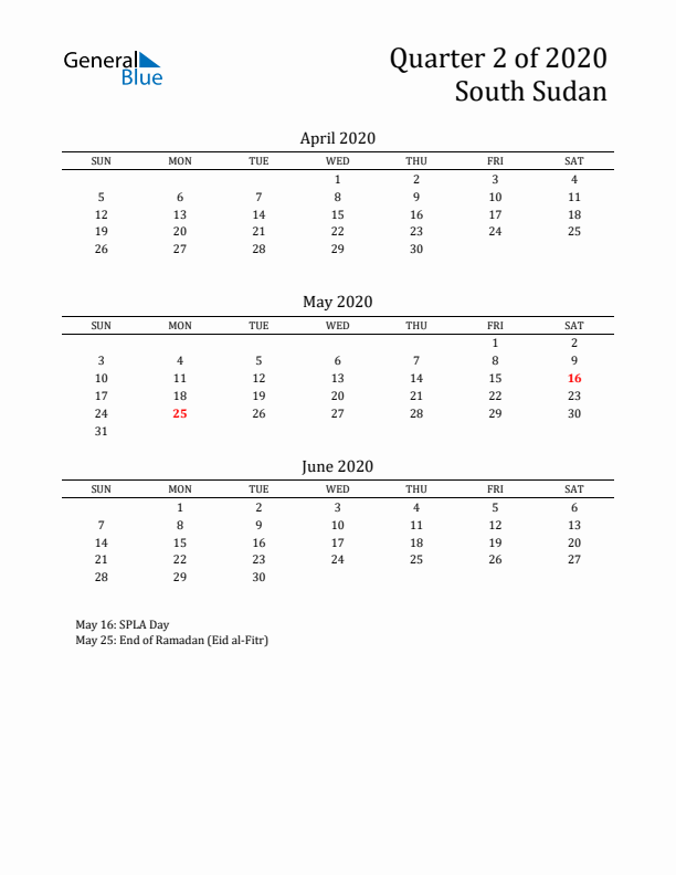 Quarter 2 2020 South Sudan Quarterly Calendar