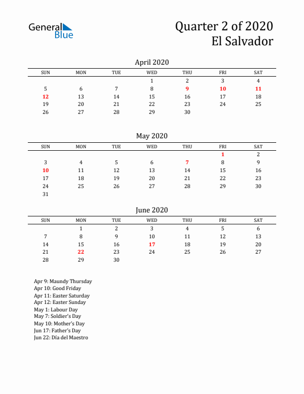 Quarter 2 2020 El Salvador Quarterly Calendar