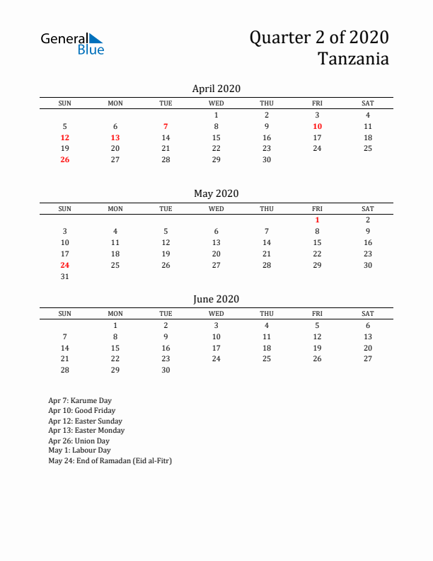 Quarter 2 2020 Tanzania Quarterly Calendar