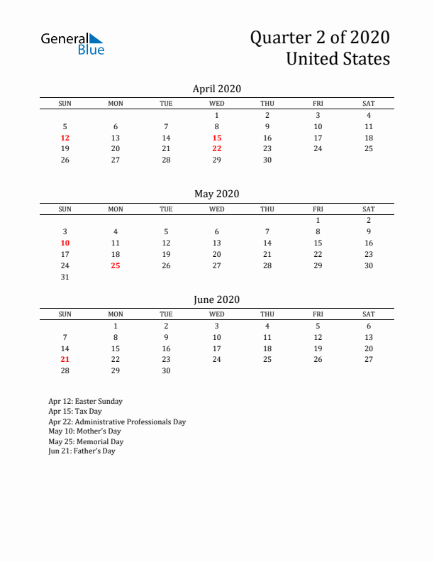 Quarter 2 2020 United States Quarterly Calendar