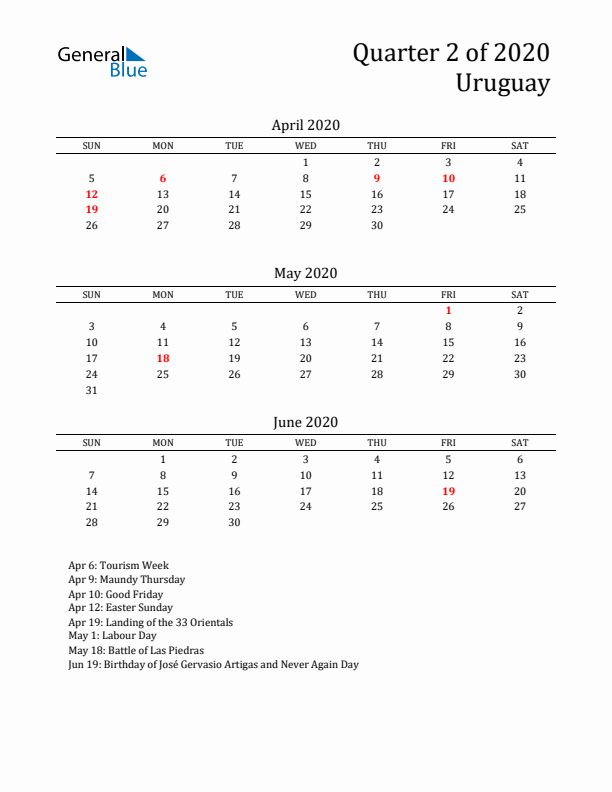 Quarter 2 2020 Uruguay Quarterly Calendar