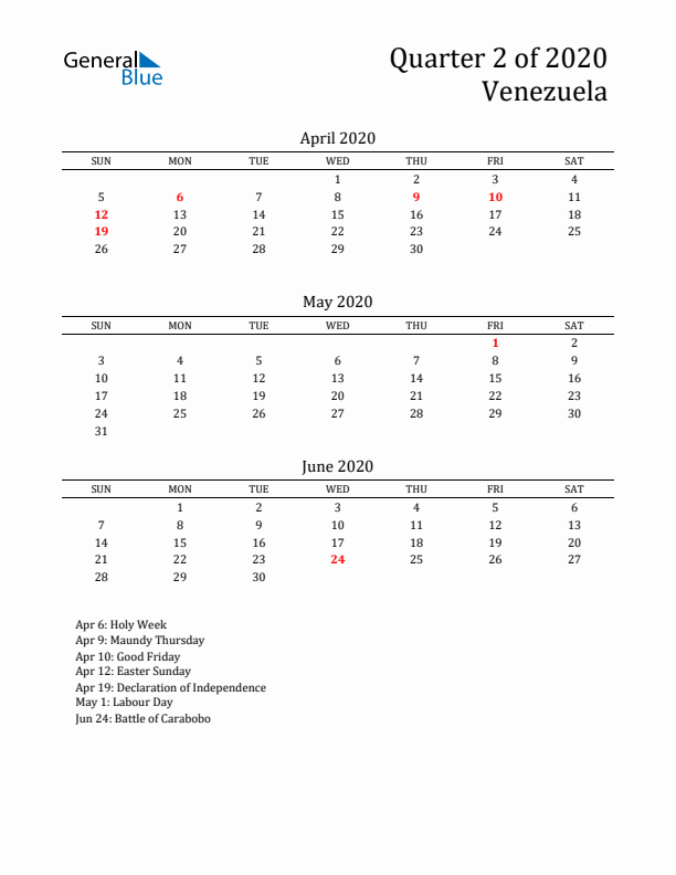 Quarter 2 2020 Venezuela Quarterly Calendar