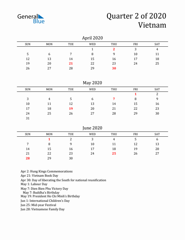 Quarter 2 2020 Vietnam Quarterly Calendar