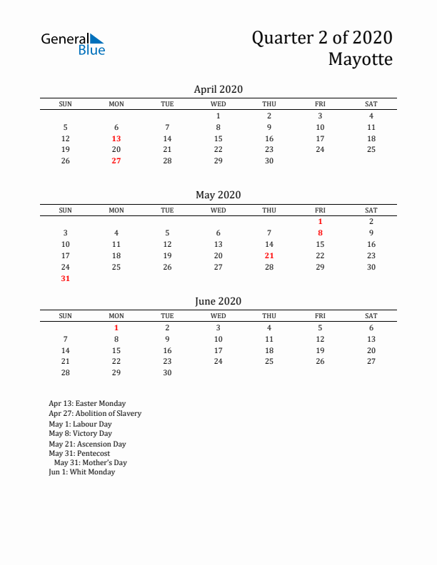 Quarter 2 2020 Mayotte Quarterly Calendar