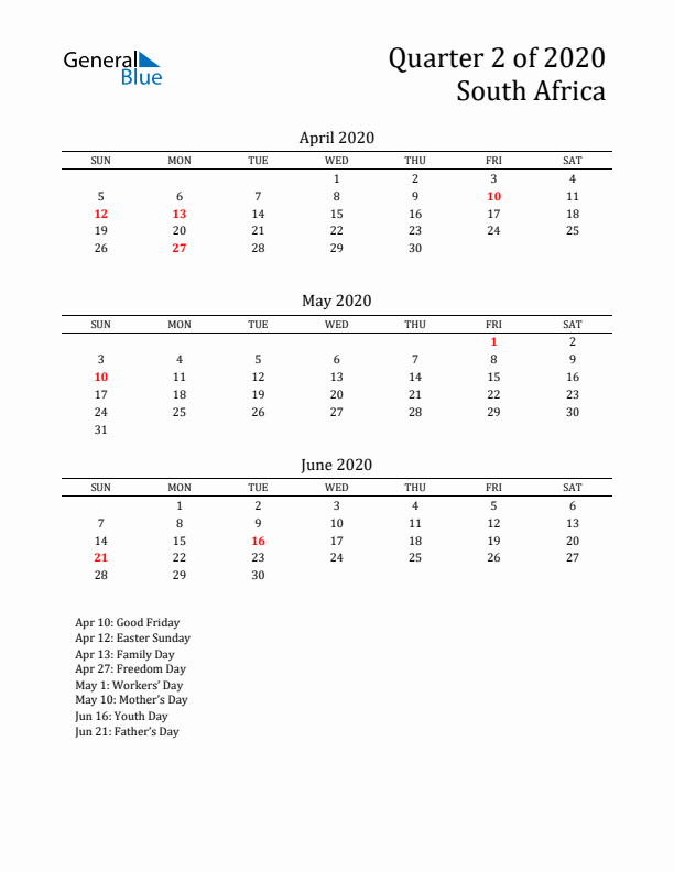 Quarter 2 2020 South Africa Quarterly Calendar