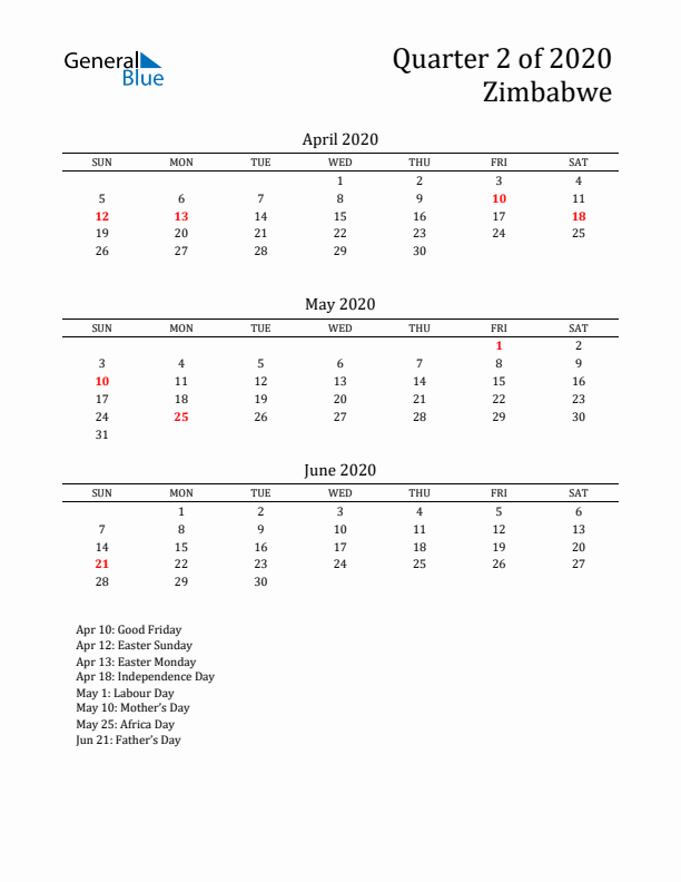 Quarter 2 2020 Zimbabwe Quarterly Calendar