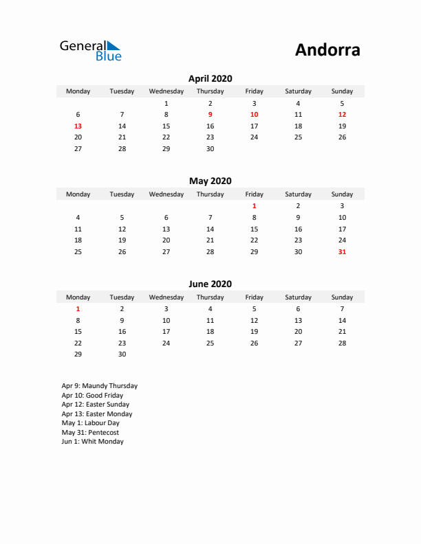 Printable Quarterly Calendar with Notes and Andorra Holidays- Q2 of 2020