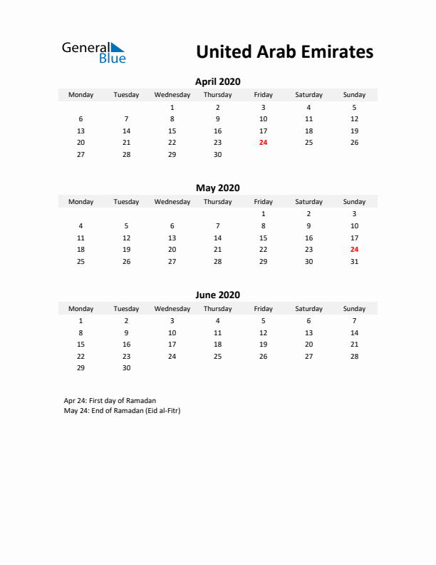 Printable Quarterly Calendar with Notes and United Arab Emirates Holidays- Q2 of 2020