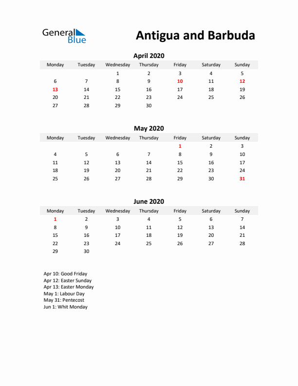 Printable Quarterly Calendar with Notes and Antigua and Barbuda Holidays- Q2 of 2020