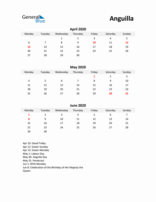 Printable Quarterly Calendar with Notes and Anguilla Holidays- Q2 of 2020