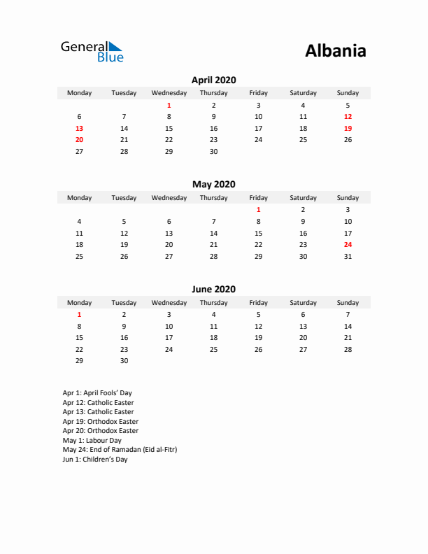 Printable Quarterly Calendar with Notes and Albania Holidays- Q2 of 2020