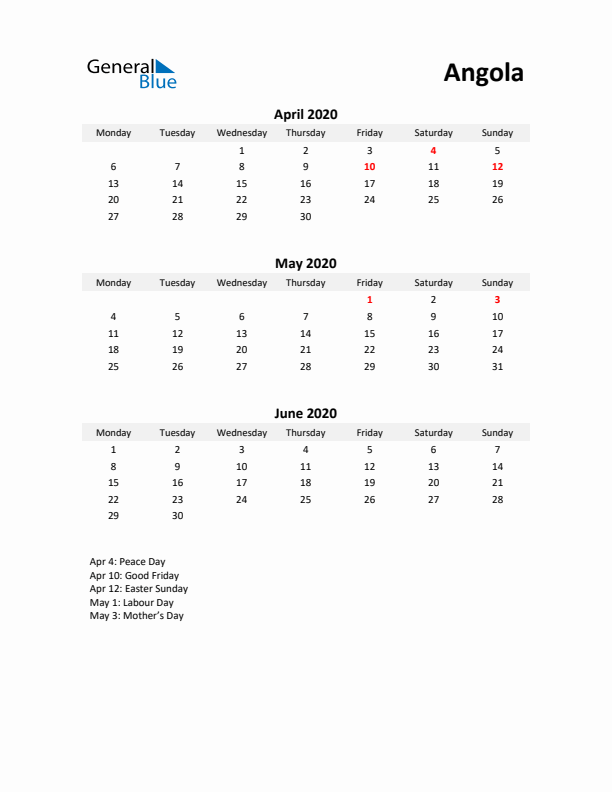 Printable Quarterly Calendar with Notes and Angola Holidays- Q2 of 2020