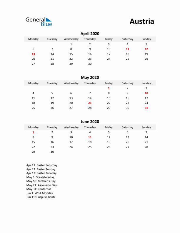 Printable Quarterly Calendar with Notes and Austria Holidays- Q2 of 2020