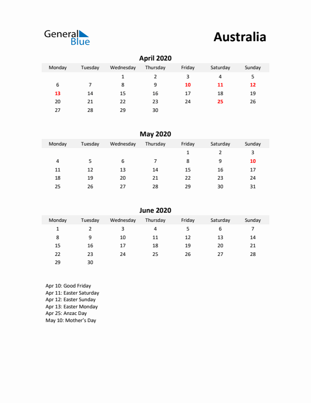 Printable Quarterly Calendar with Notes and Australia Holidays- Q2 of 2020