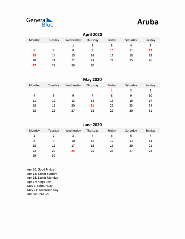 Printable Quarterly Calendar with Notes and Aruba Holidays- Q2 of 2020