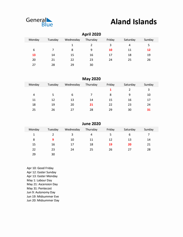 Printable Quarterly Calendar with Notes and Aland Islands Holidays- Q2 of 2020