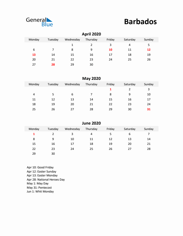 Printable Quarterly Calendar with Notes and Barbados Holidays- Q2 of 2020