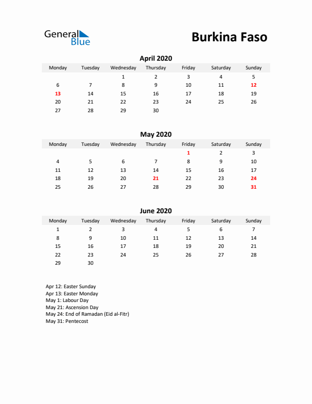 Printable Quarterly Calendar with Notes and Burkina Faso Holidays- Q2 of 2020