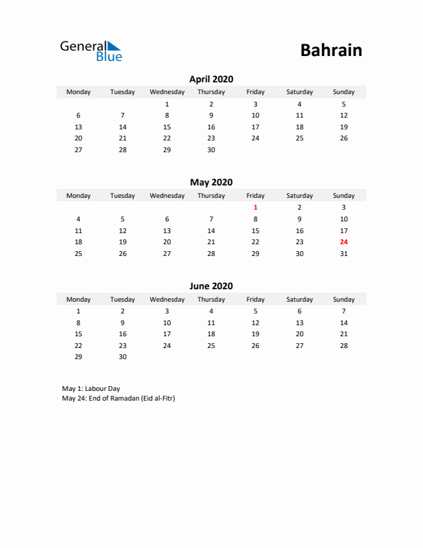 Printable Quarterly Calendar with Notes and Bahrain Holidays- Q2 of 2020