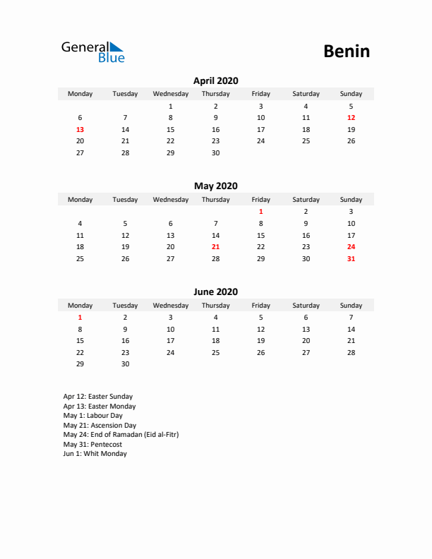 Printable Quarterly Calendar with Notes and Benin Holidays- Q2 of 2020