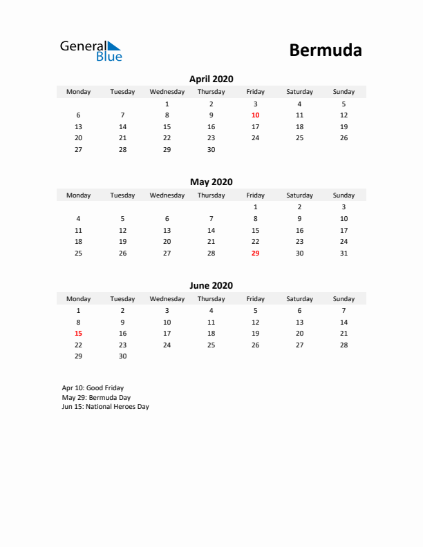 Printable Quarterly Calendar with Notes and Bermuda Holidays- Q2 of 2020