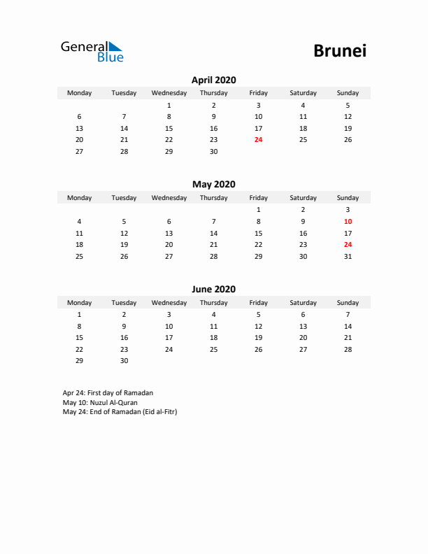 Printable Quarterly Calendar with Notes and Brunei Holidays- Q2 of 2020