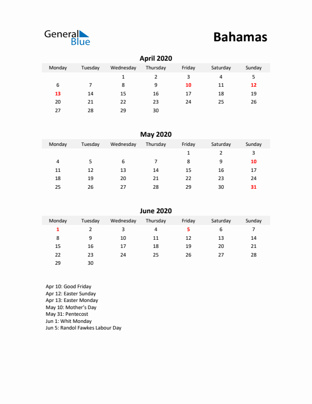 Printable Quarterly Calendar with Notes and Bahamas Holidays- Q2 of 2020