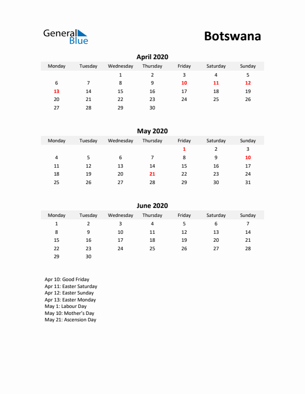 Printable Quarterly Calendar with Notes and Botswana Holidays- Q2 of 2020