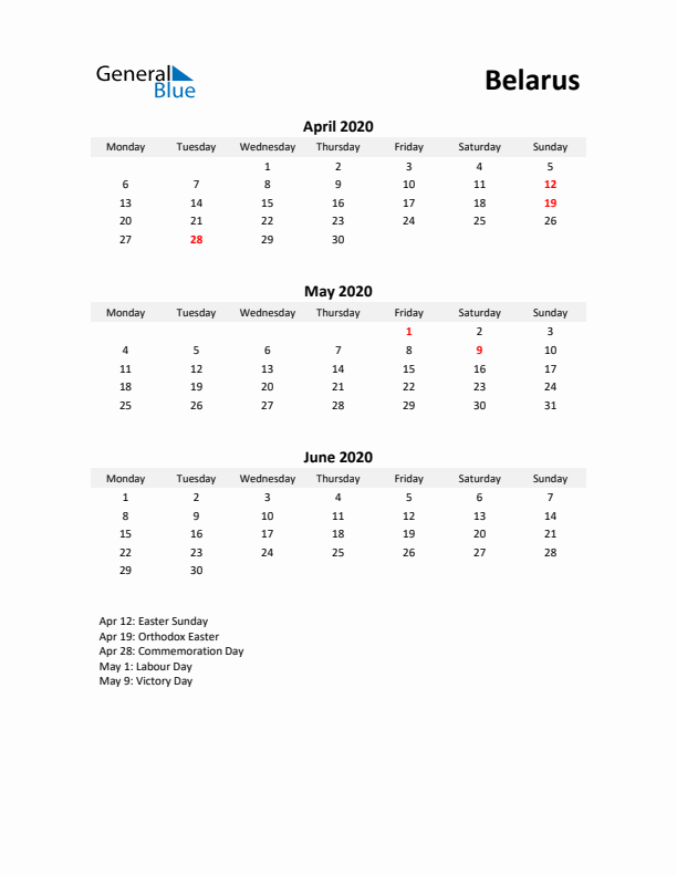 Printable Quarterly Calendar with Notes and Belarus Holidays- Q2 of 2020