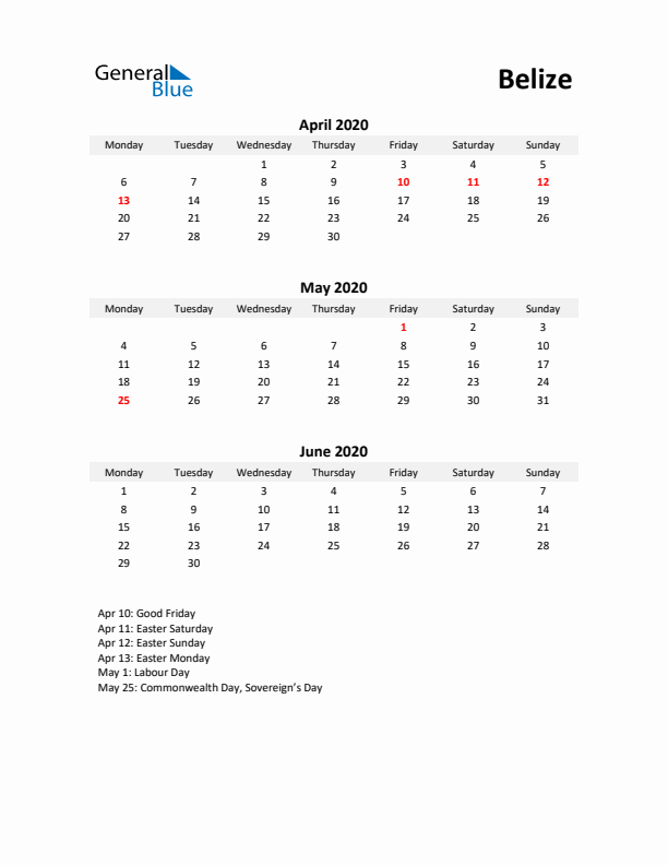 Printable Quarterly Calendar with Notes and Belize Holidays- Q2 of 2020