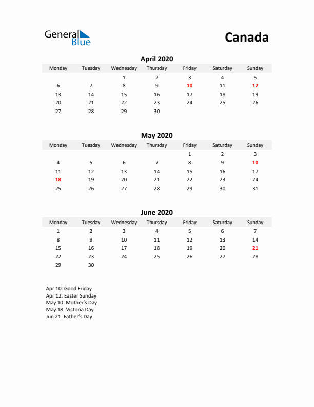 Printable Quarterly Calendar with Notes and Canada Holidays- Q2 of 2020