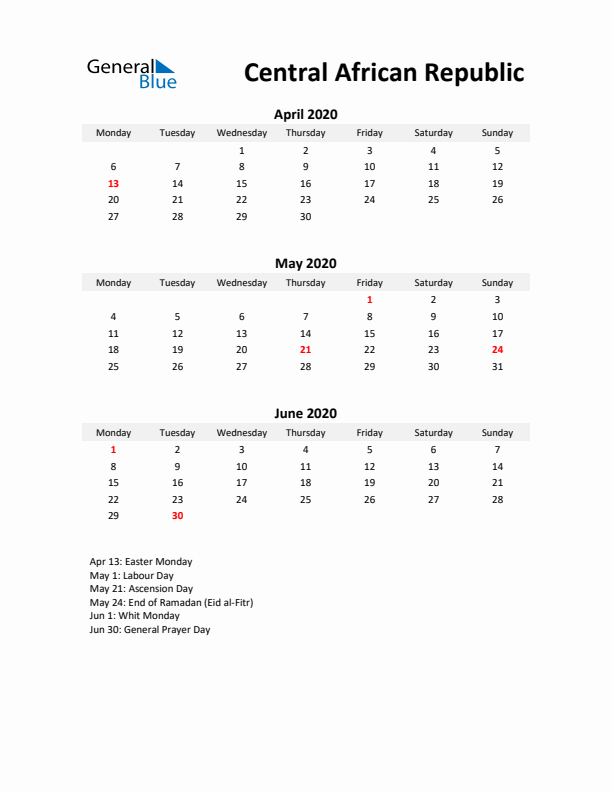 Printable Quarterly Calendar with Notes and Central African Republic Holidays- Q2 of 2020