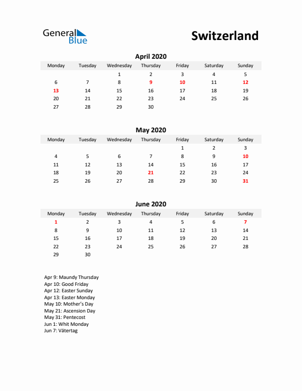 Printable Quarterly Calendar with Notes and Switzerland Holidays- Q2 of 2020