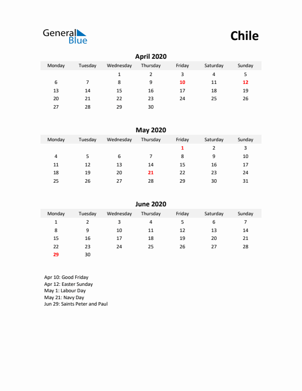 Printable Quarterly Calendar with Notes and Chile Holidays- Q2 of 2020