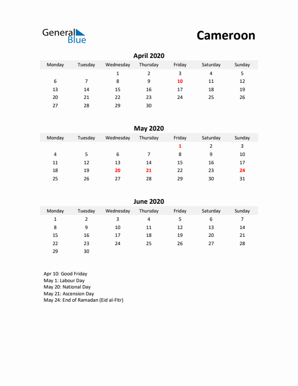 Printable Quarterly Calendar with Notes and Cameroon Holidays- Q2 of 2020