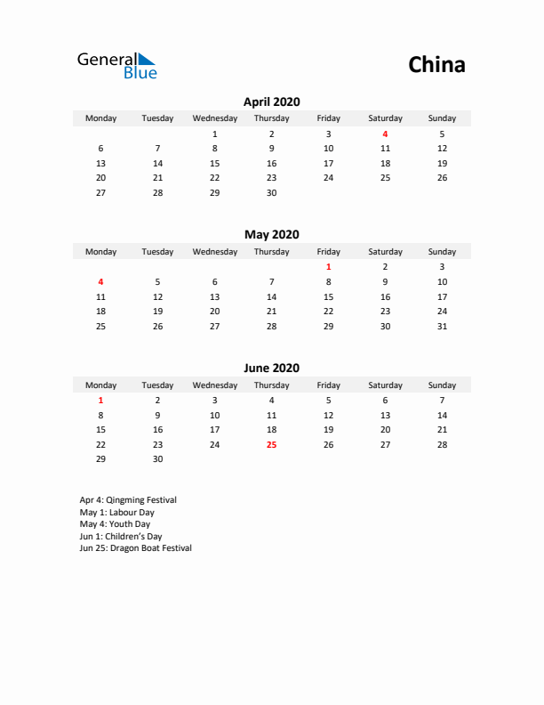 Printable Quarterly Calendar with Notes and China Holidays- Q2 of 2020