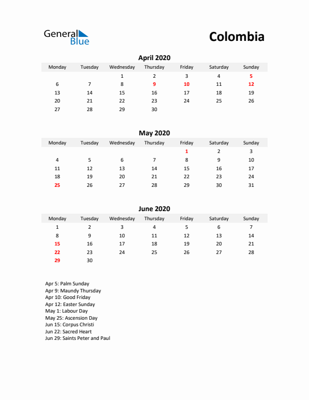 Printable Quarterly Calendar with Notes and Colombia Holidays- Q2 of 2020