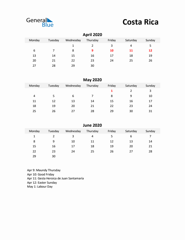 Printable Quarterly Calendar with Notes and Costa Rica Holidays- Q2 of 2020