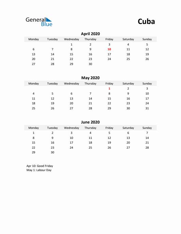 Printable Quarterly Calendar with Notes and Cuba Holidays- Q2 of 2020