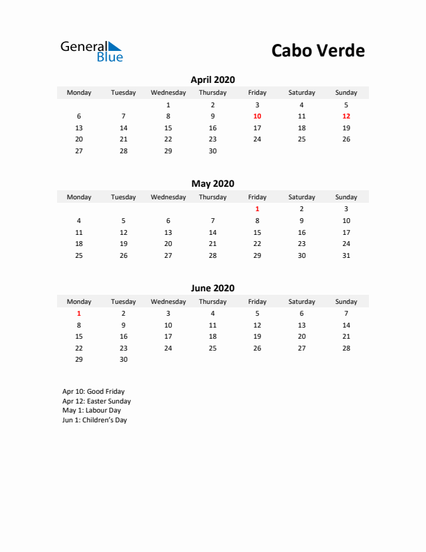 Printable Quarterly Calendar with Notes and Cabo Verde Holidays- Q2 of 2020